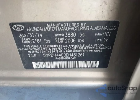 2014 Hyundai Elantra Se from USA, damaged, VIN 5NPDH4AE0EH481261